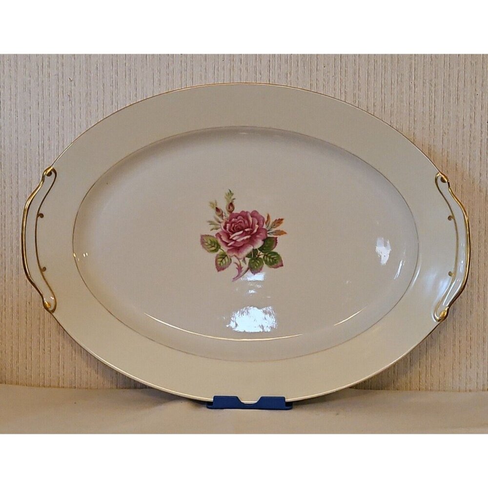 Fuji Rosette Bone China Large Serving Platter 40s Occupied Japan Pink Roses Gold